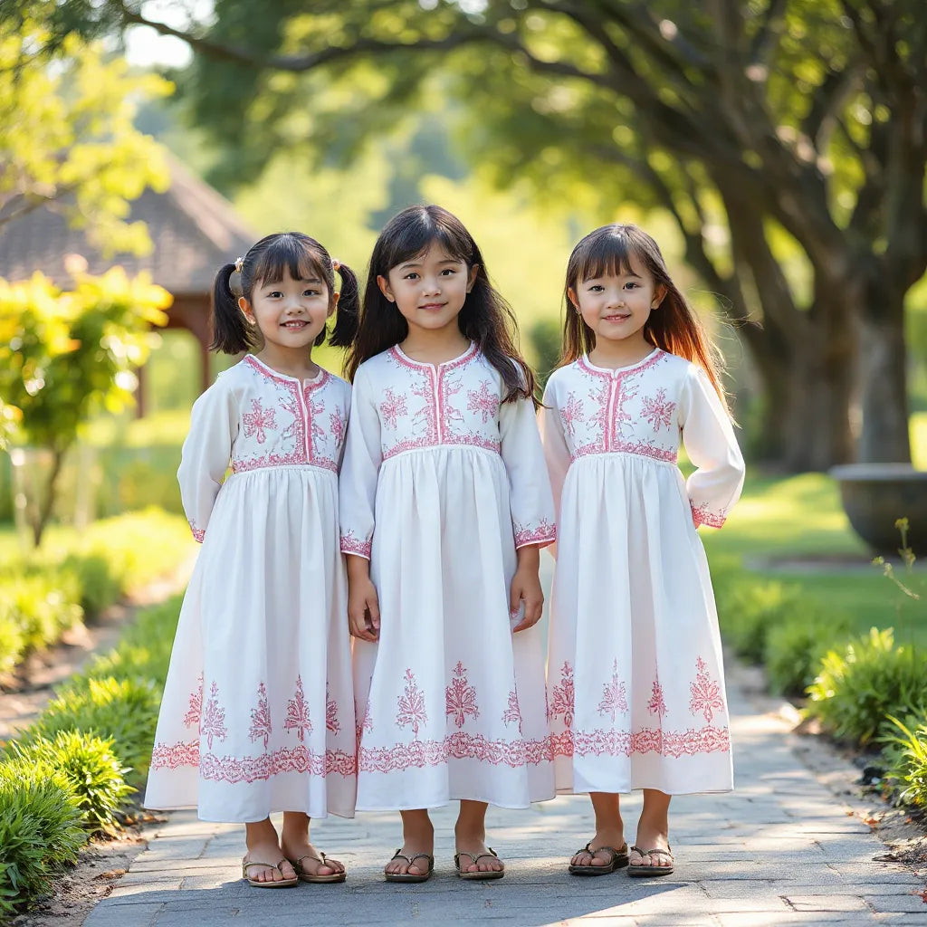 Girls standing outdoors in embroidered dresses with delicate threadwork details and modest silhouettes