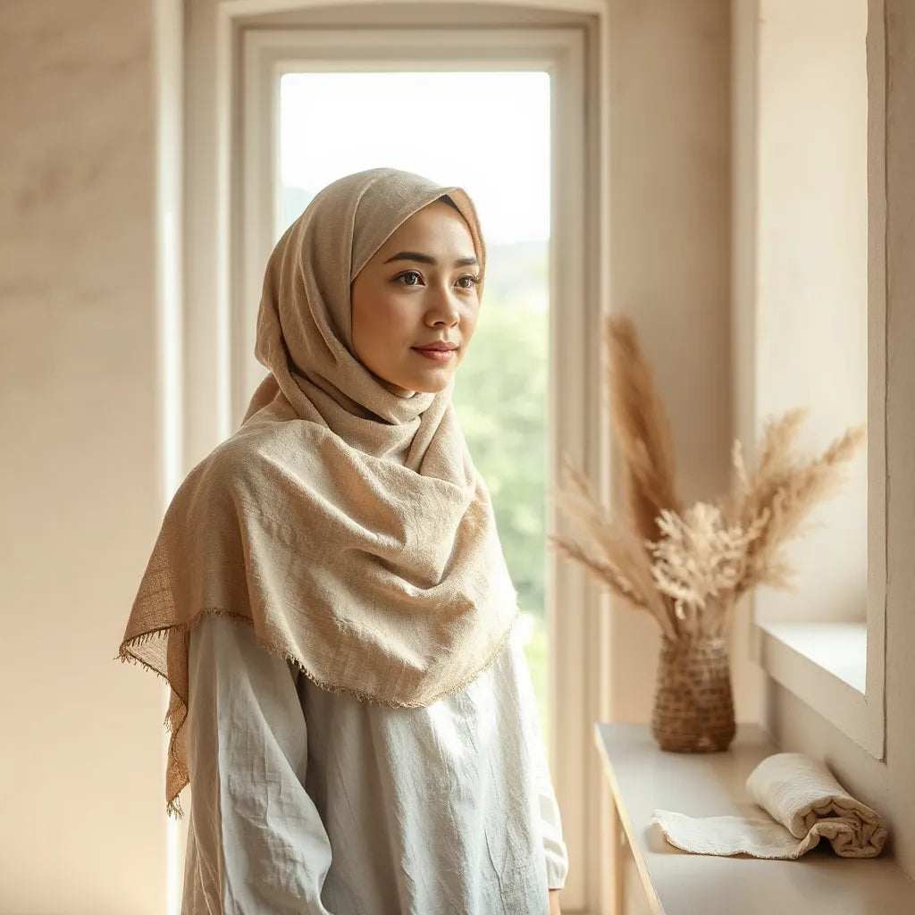 Woman wearing a neatly draped linen hijab with visible fabric texture in soft natural light