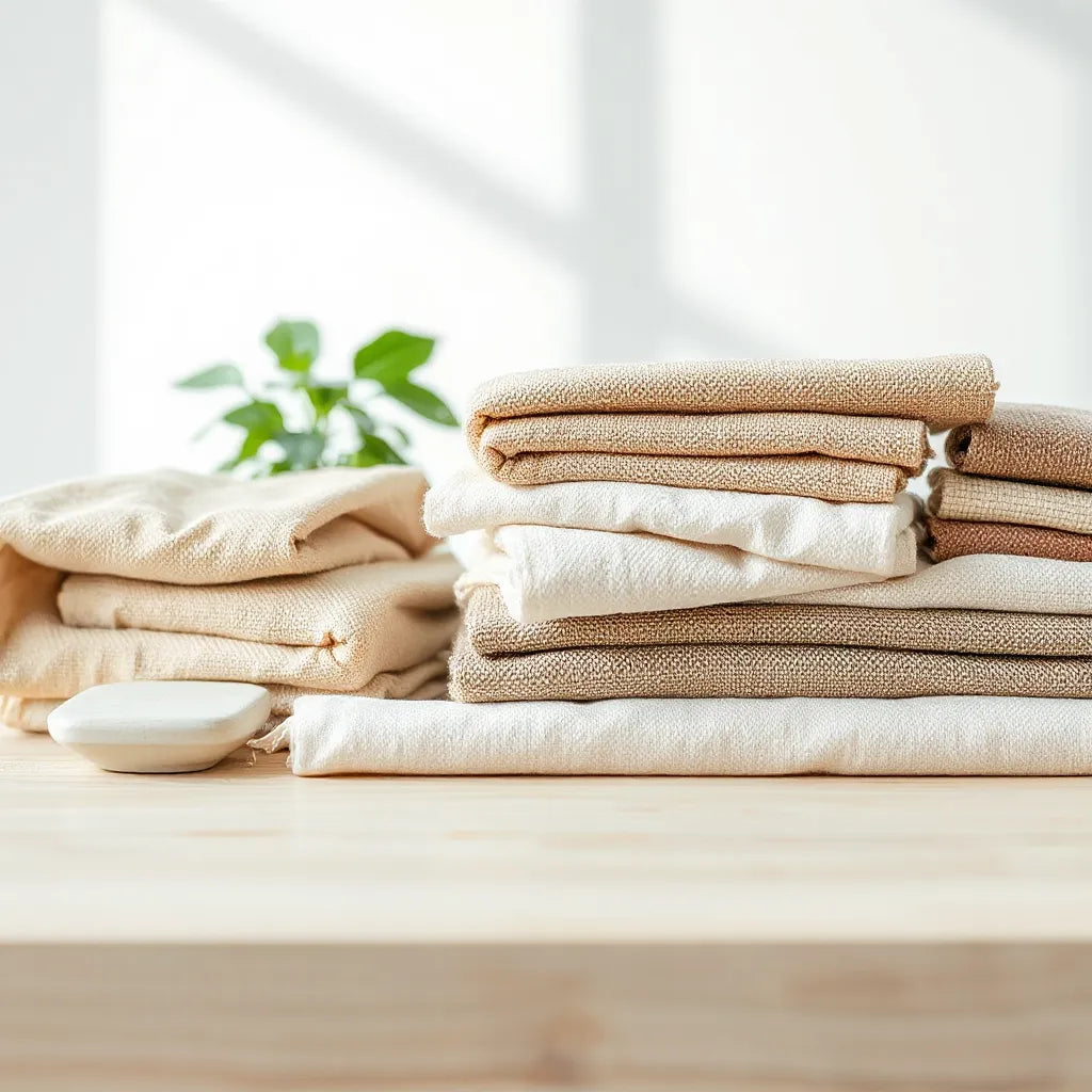 Folded natural-fiber textile products with visible weaving and stitching details on a light wooden surface