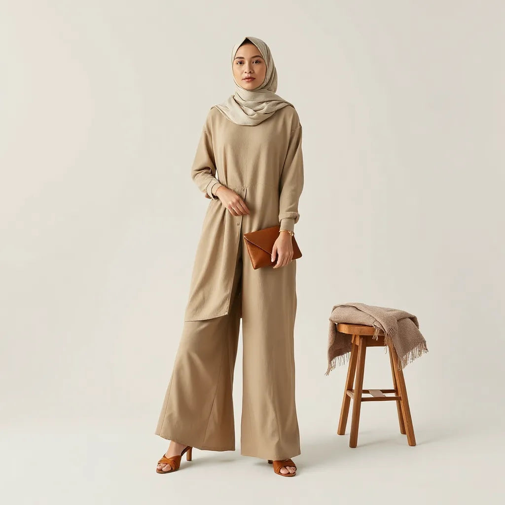 Model in modern modest outfit with long tunic, wide-leg trousers, and a neatly styled headscarf