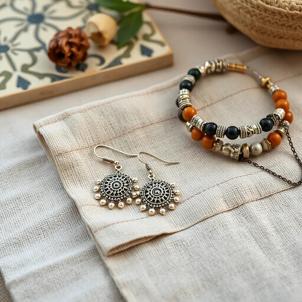 Handcrafted earrings, pendant necklace, and bracelets with ornate motifs on a linen surface
