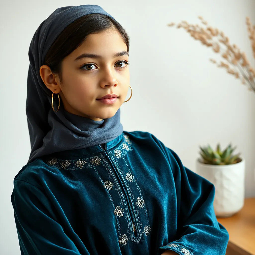 Petrol velvet girls thobe with delicate front embroidery and detailed cuffs in a soft studio setting