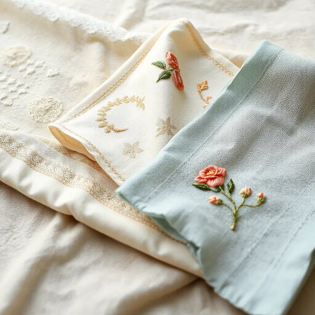 Assorted swatches of finely embroidered fabric with detailed floral and geometric stitching