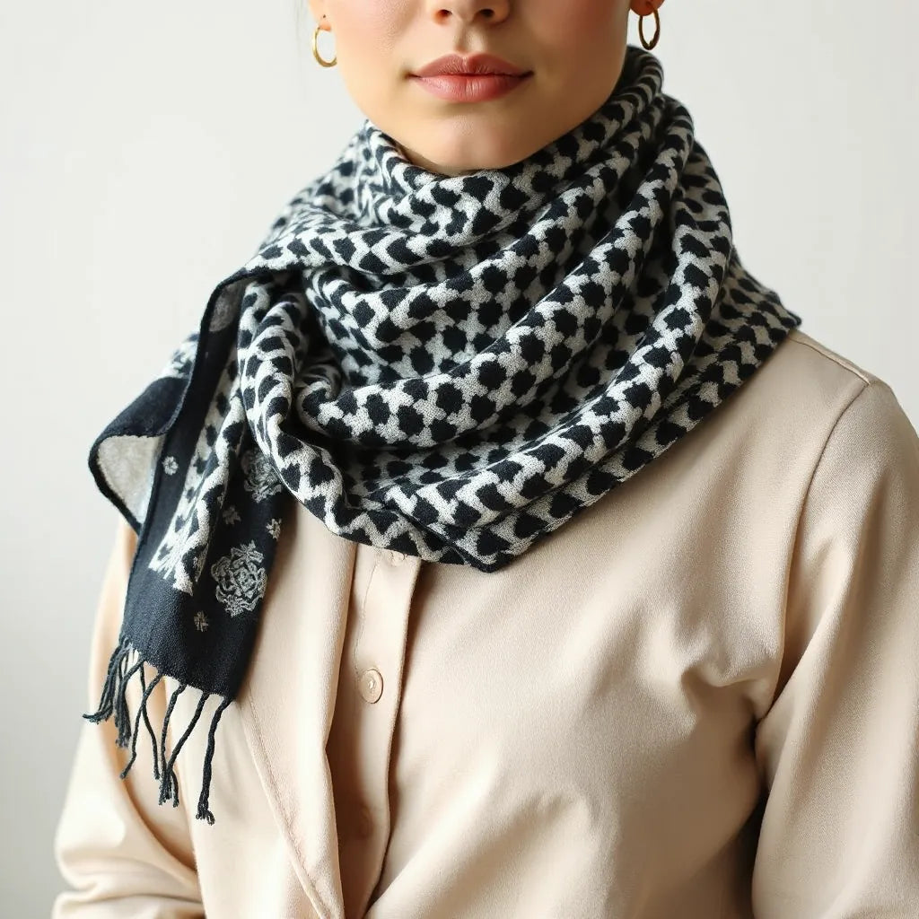 A model wearing a neatly wrapped black-and-white kuffiyeh scarf with visible fabric texture