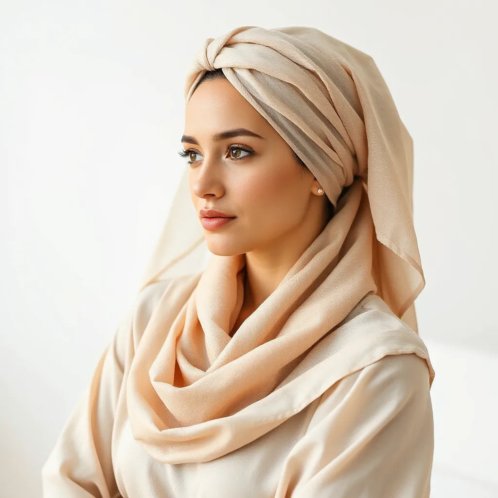 Woman wearing a neatly draped chiffon head wrap with soft, flowing folds and natural light