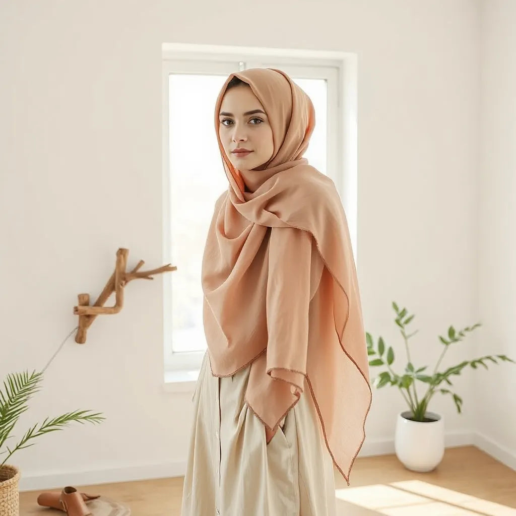 Woman wearing a neatly draped neutral fashionable headscarf with natural folds near a bright window