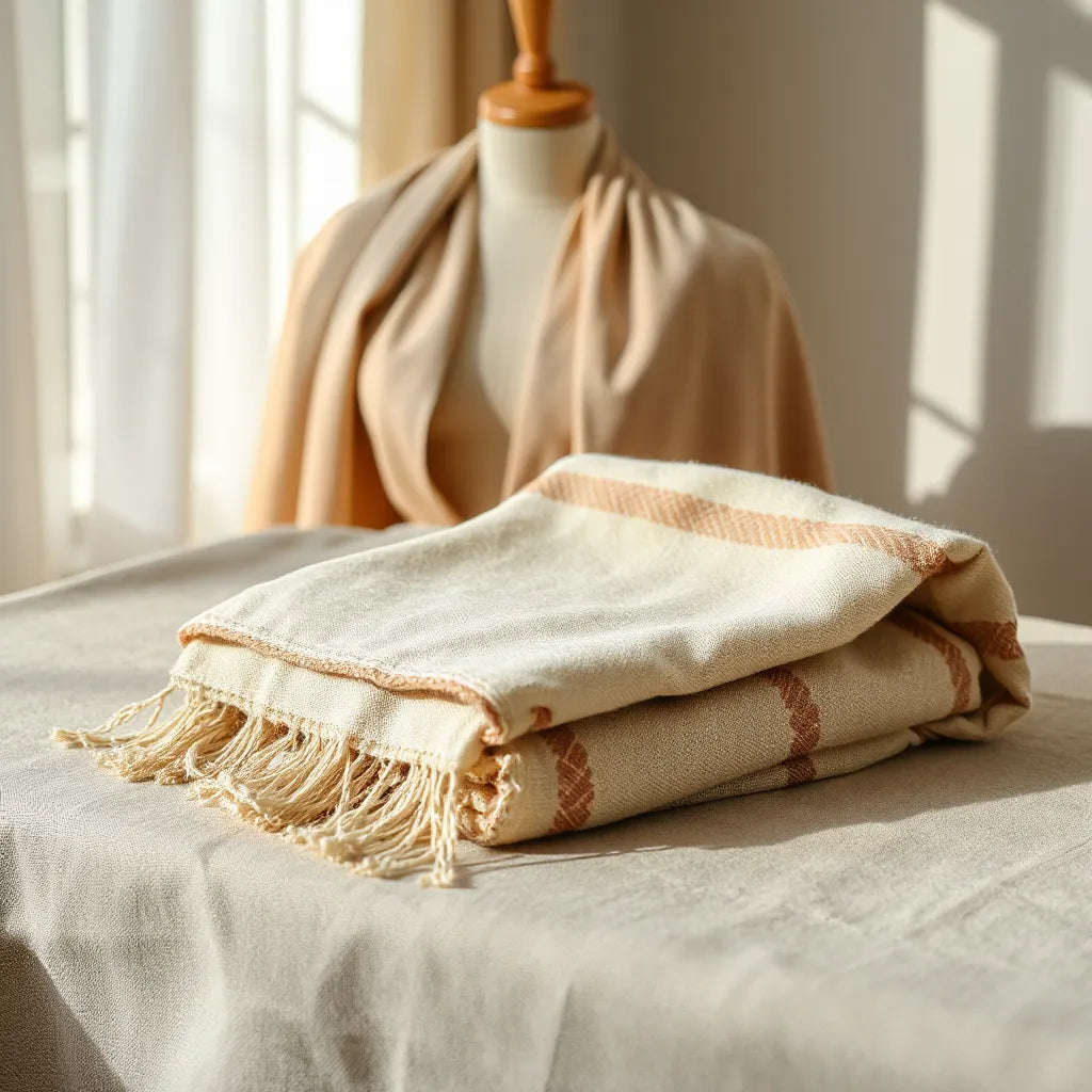 Handcrafted Palestinian scarf with woven texture and fringe displayed on a neutral background