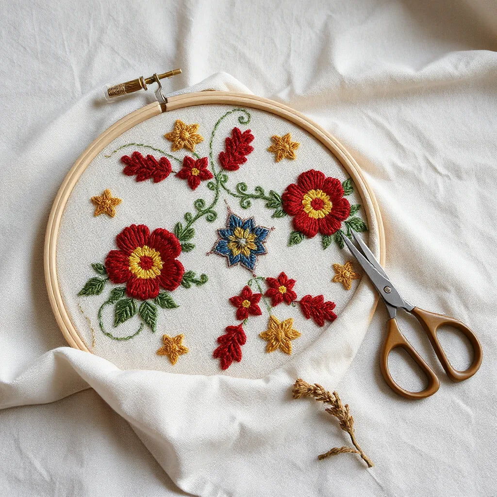 Intricate Palestinian tatreez embroidery with colorful geometric and floral stitches on light fabric