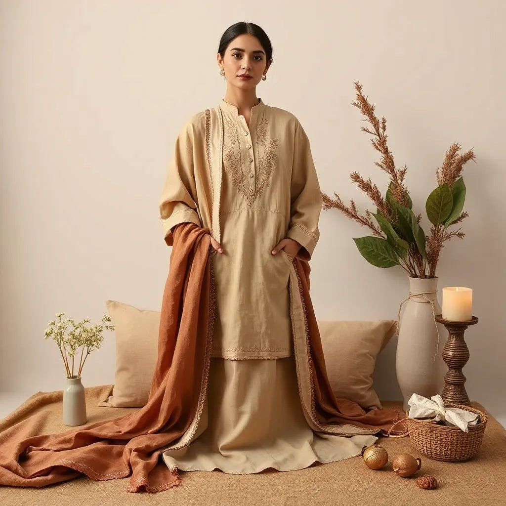 Elegant modest outfit with subtle embroidery styled for a formal heritage celebration