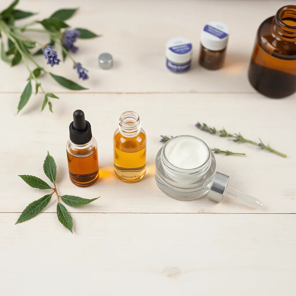 Natural beauty products with glass bottles, a cream jar, and fresh green botanicals on a light wooden surface