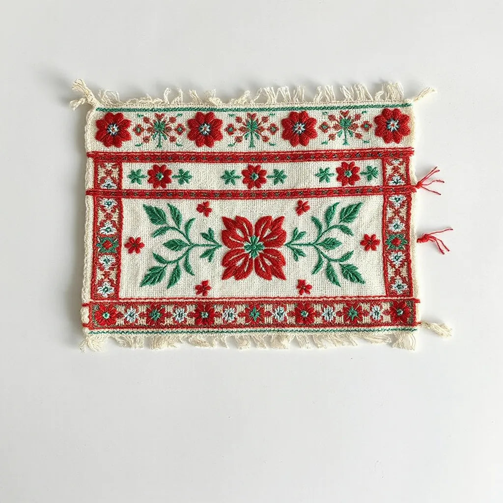 Intricately embroidered Palestinian tatreez textile with colorful floral and geometric stitching