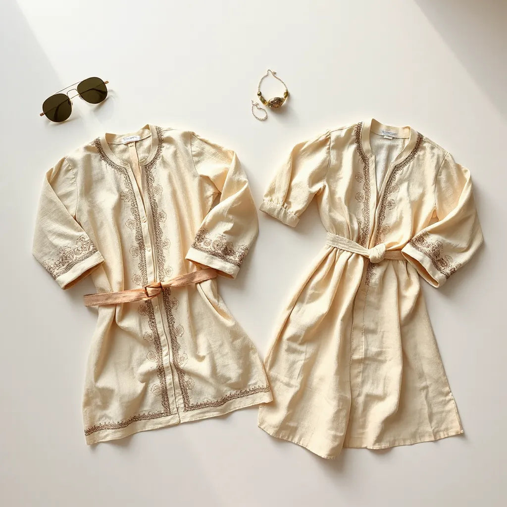 Embroidered Palestinian kaftans displayed with flowing fabric and delicate detailing in soft natural light