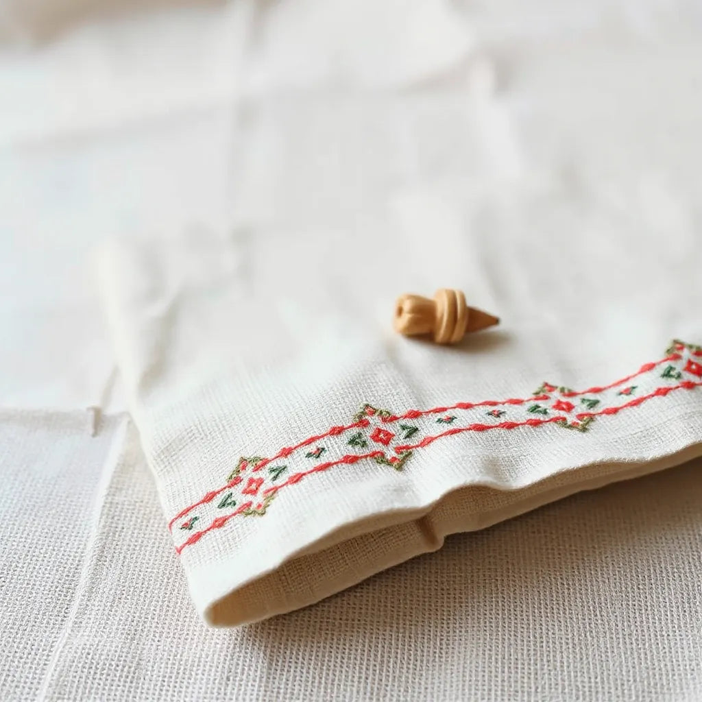 Close-up of traditional Palestinian embroidery with detailed geometric and floral threadwork on linen fabric
