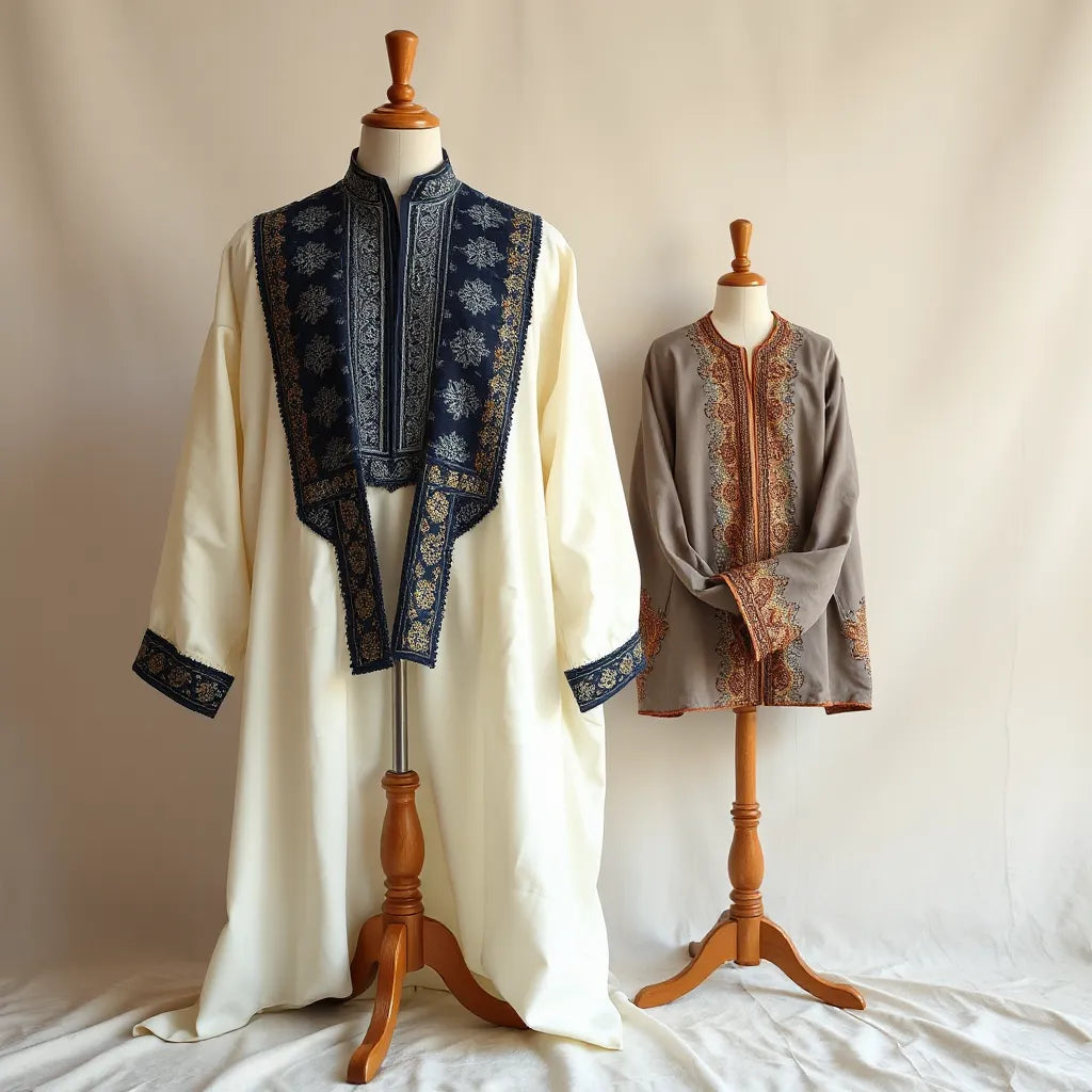 Embroidered thobe with detailed neckline and cuffs displayed on a mannequin in soft studio light.
