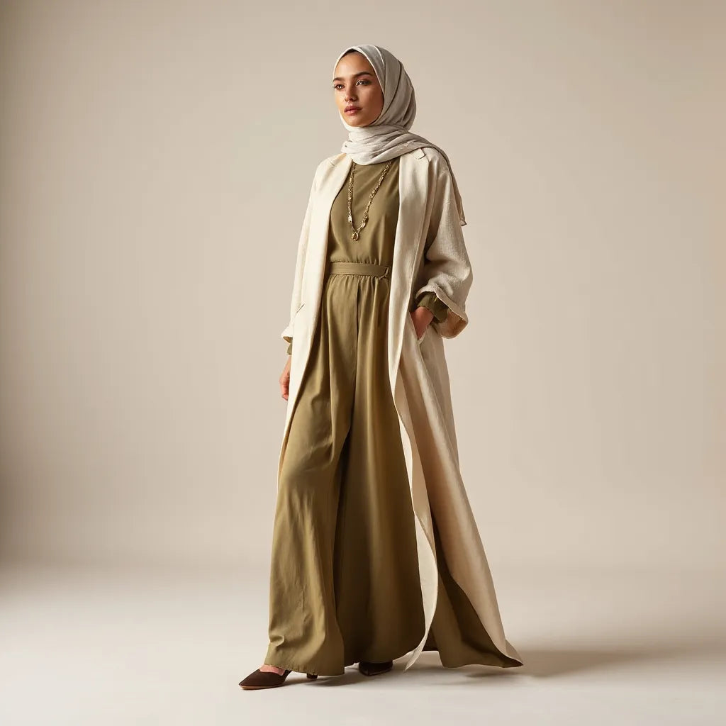 Model in a neutral long modest dress with flowing outer layer and neatly draped hijab in soft studio light