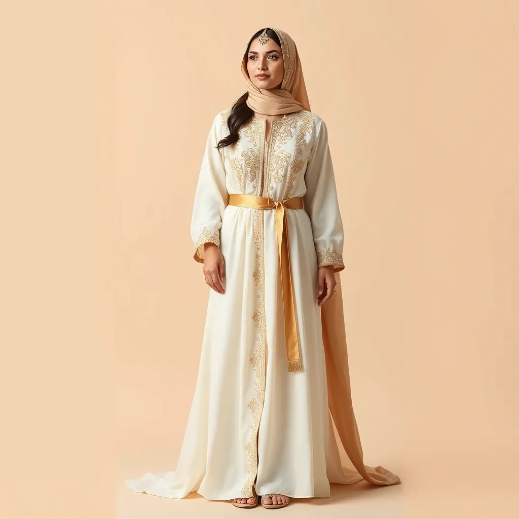 Ivory luxury bridal thobe with delicate gold embroidery and a matching veil in a soft studio setting