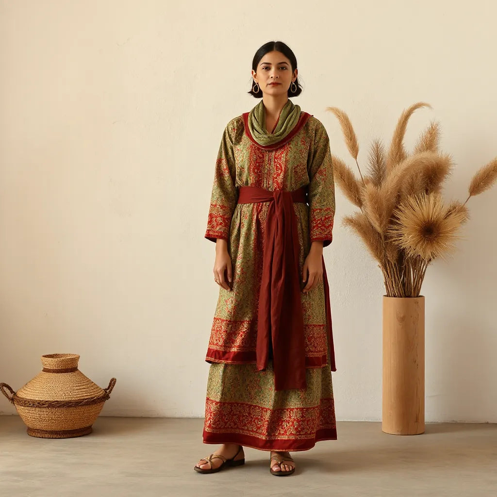 Person wearing an embroidered cultural heritage outfit with coordinated scarf and accessories in soft natural light