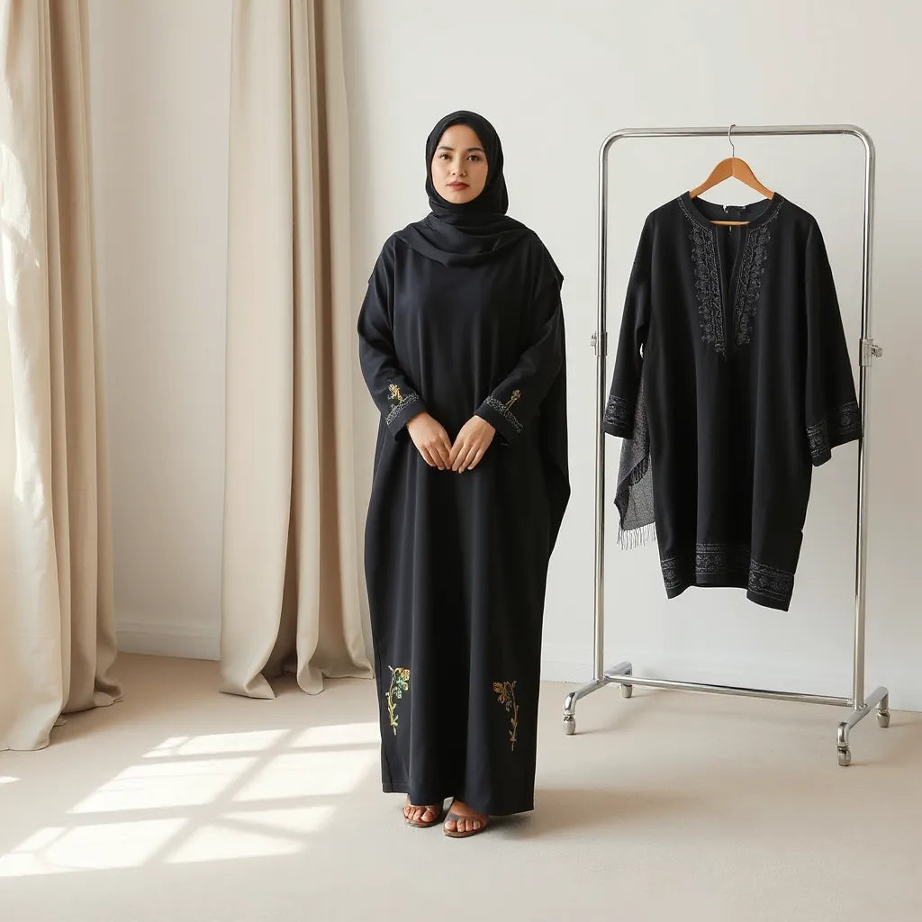 Modest woman wearing a black abaya with subtle embroidered cuffs in a bright, uncluttered indoor setting