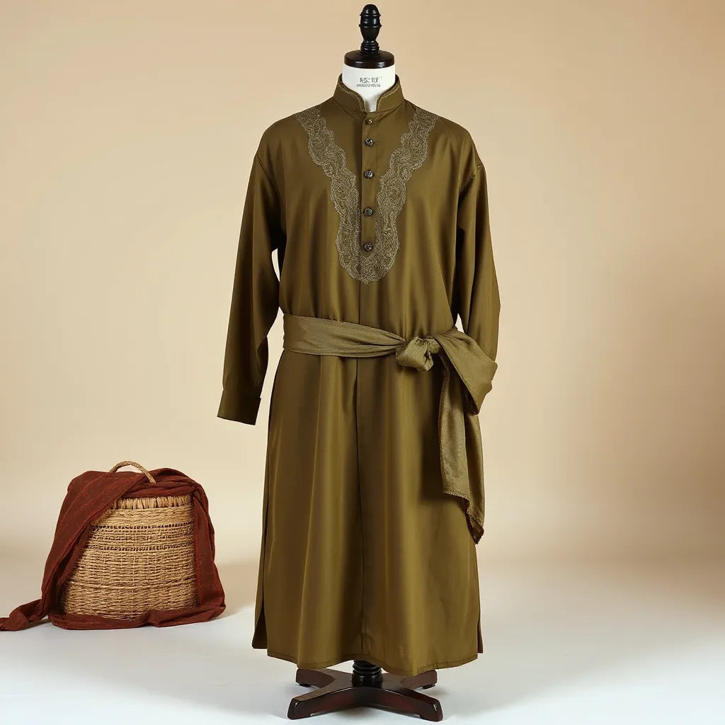 Royal olive heritage thobe with subtle traditional embroidery displayed in a minimal studio setting.
