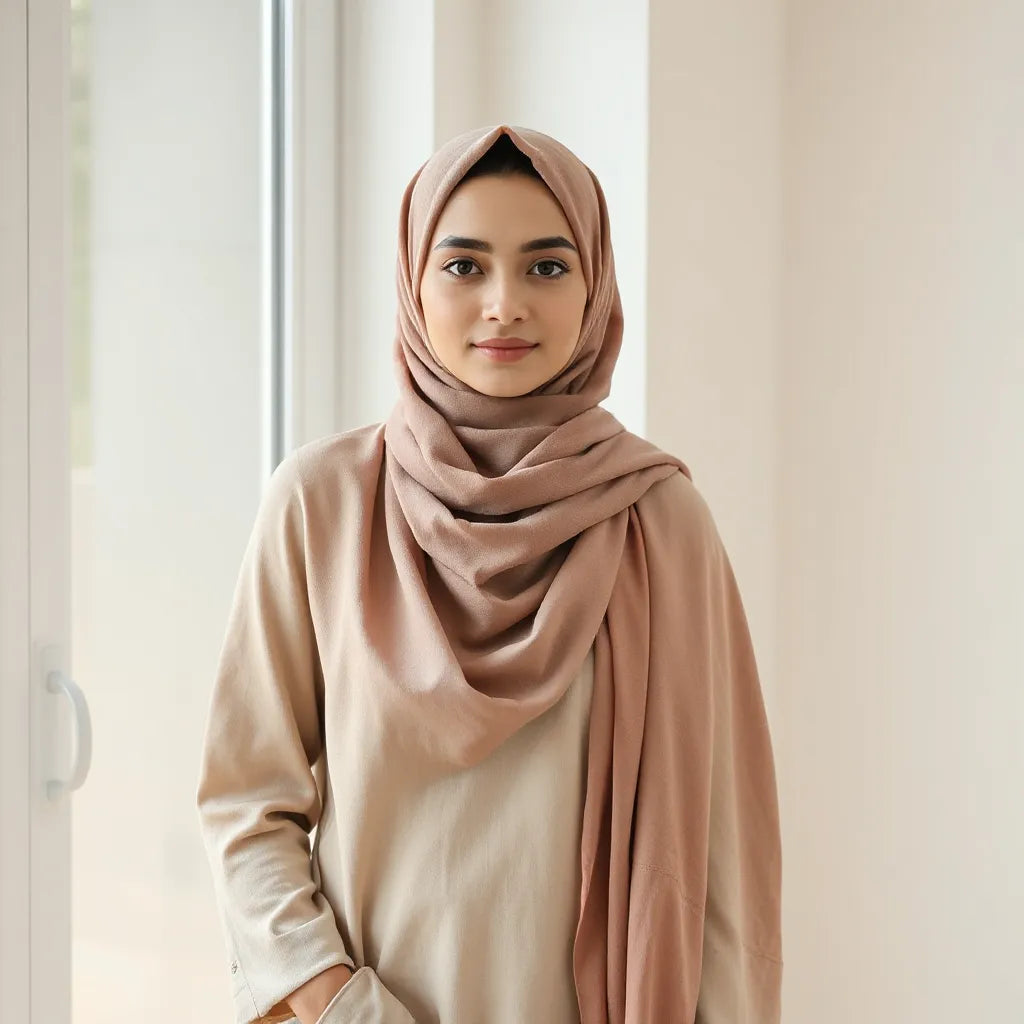 Woman wearing a neatly draped elegant hijab in soft daylight near a minimalist window