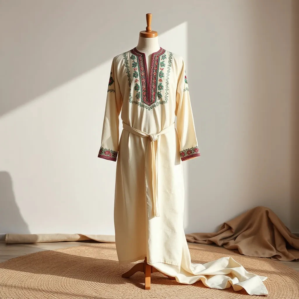 Traditional Palestinian embroidered thobe with detailed neckline and cuff embroidery, styled in soft natural light on a neutral background.
