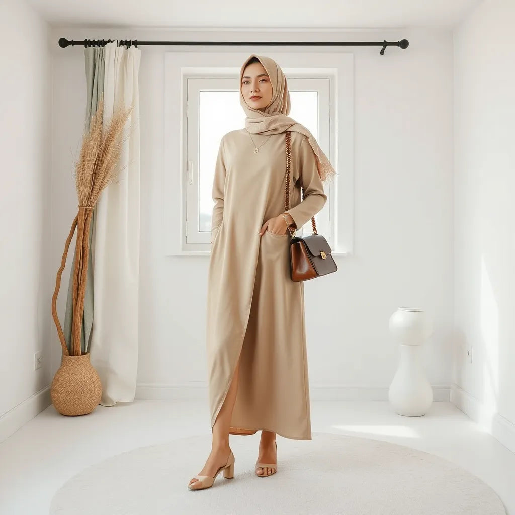 Modest outfit styling with a flowing dress, long sleeves, and a neatly draped headscarf in soft neutral tones