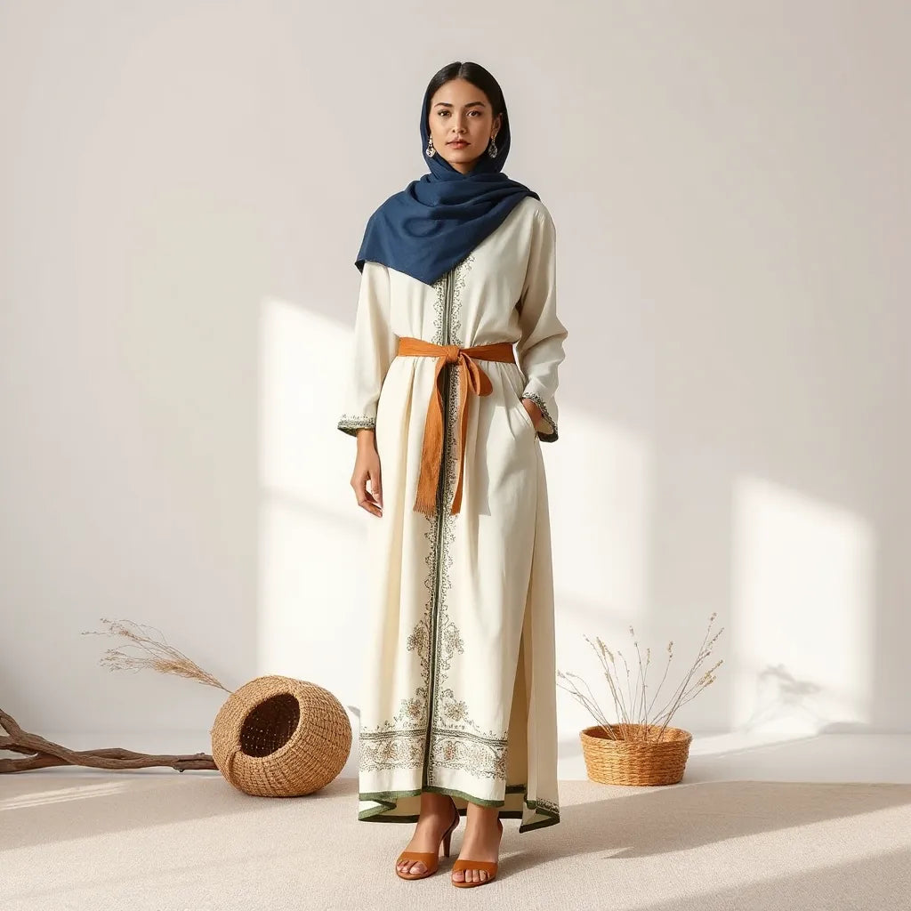 Woman wearing elegant traditional-inspired modest attire with coordinated headscarf and subtle embroidery