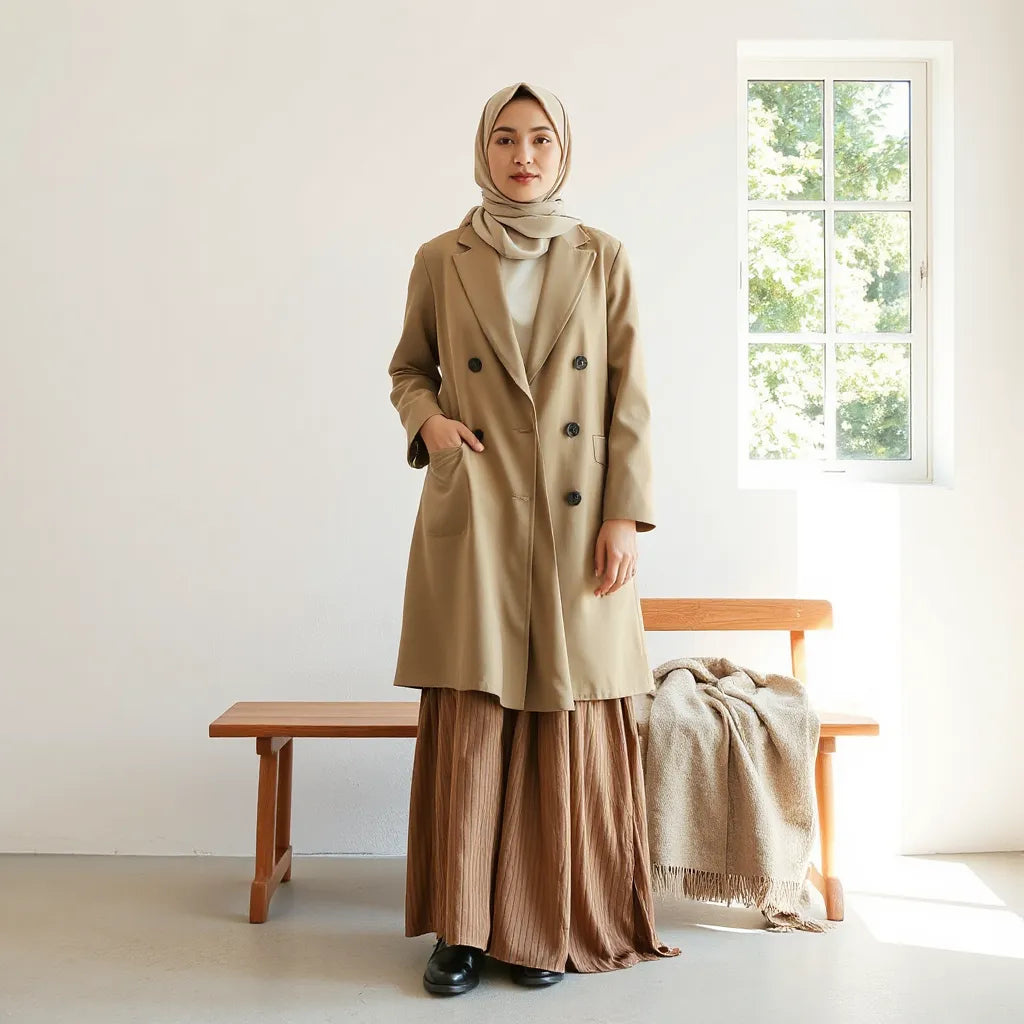 Modestly dressed woman in a layered modern outfit with traditional-inspired details and a neatly styled headscarf