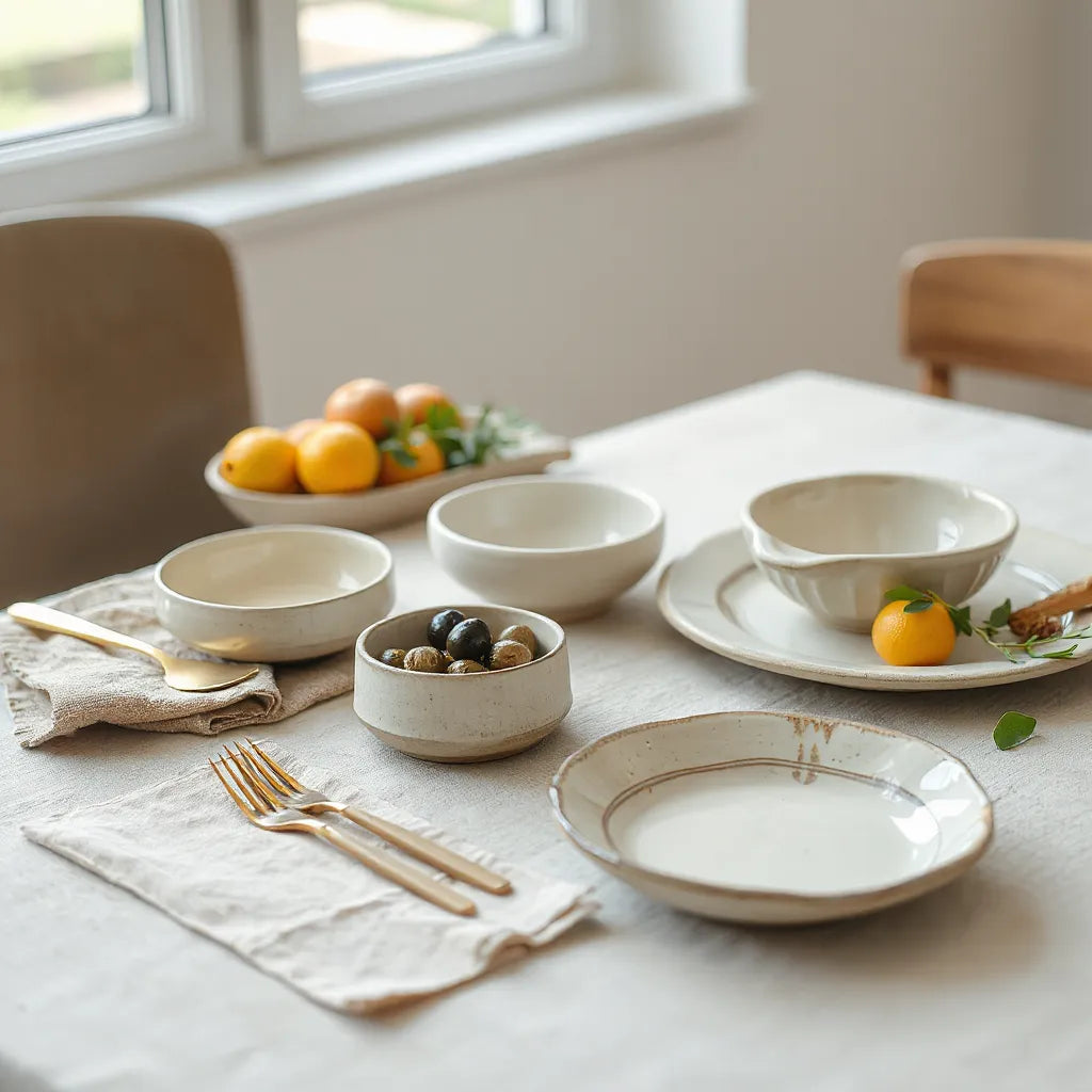 Hand-painted ceramic plates and bowls arranged on a simple table with fresh ingredients
