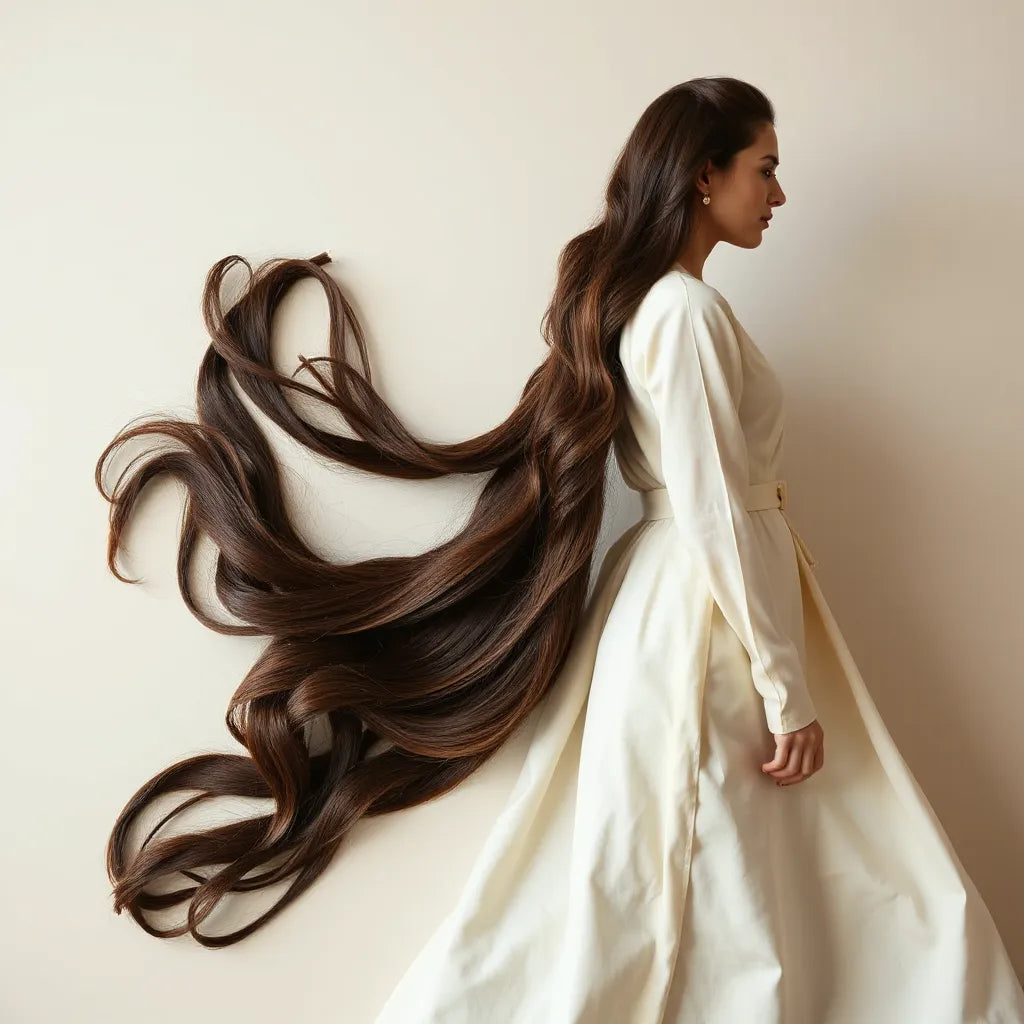Woman with long styled hair arranged into a flowing dress-like silhouette in elegant traditional attire