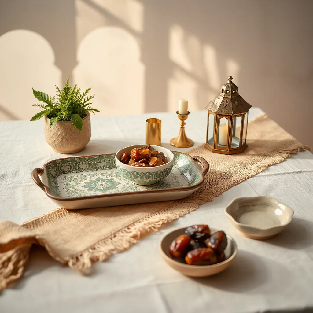 Stylish Middle Eastern gifts on a table: patterned ceramics, dates, sweets, and a lantern candle holder