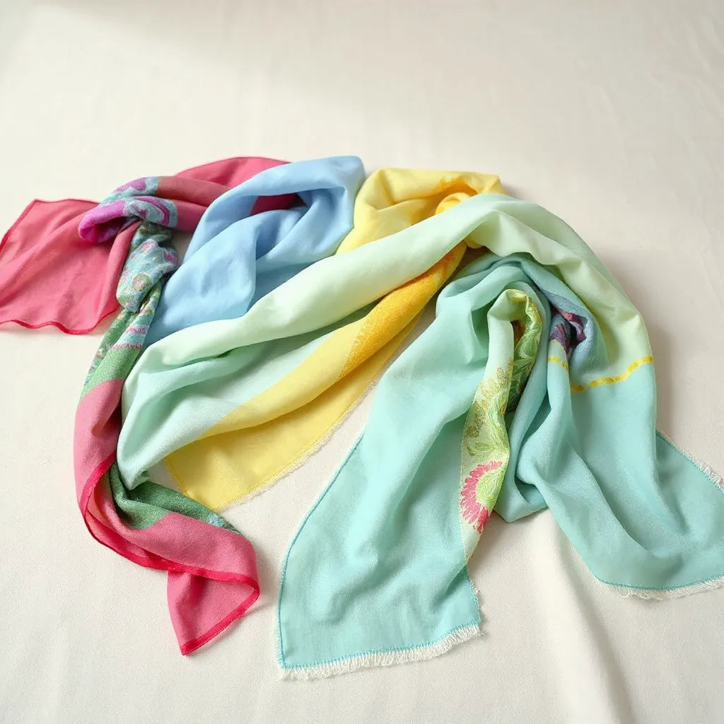 Silky digital printed chiffon scarves draped in soft folds under natural daylight