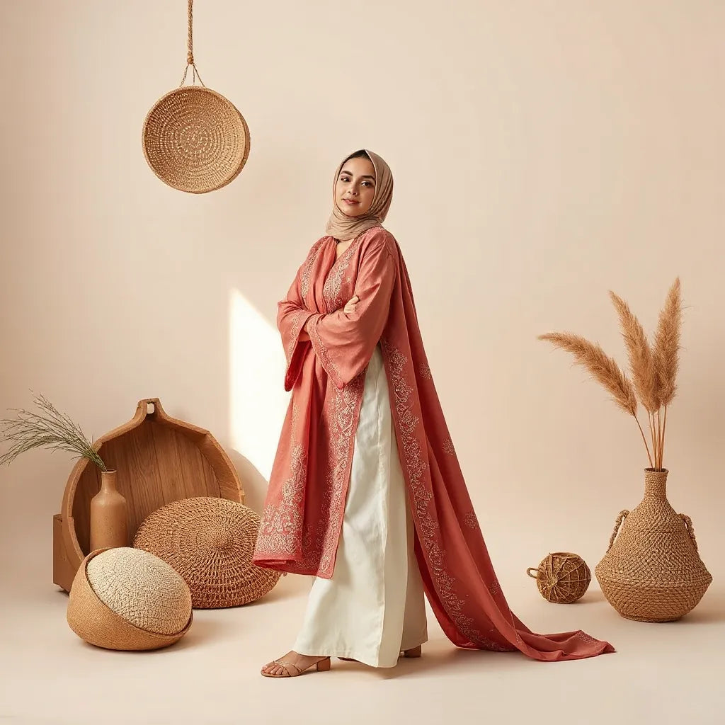 Woman wearing a traditional Palestinian-inspired embroidered tobi garment with elegant drape and refined details