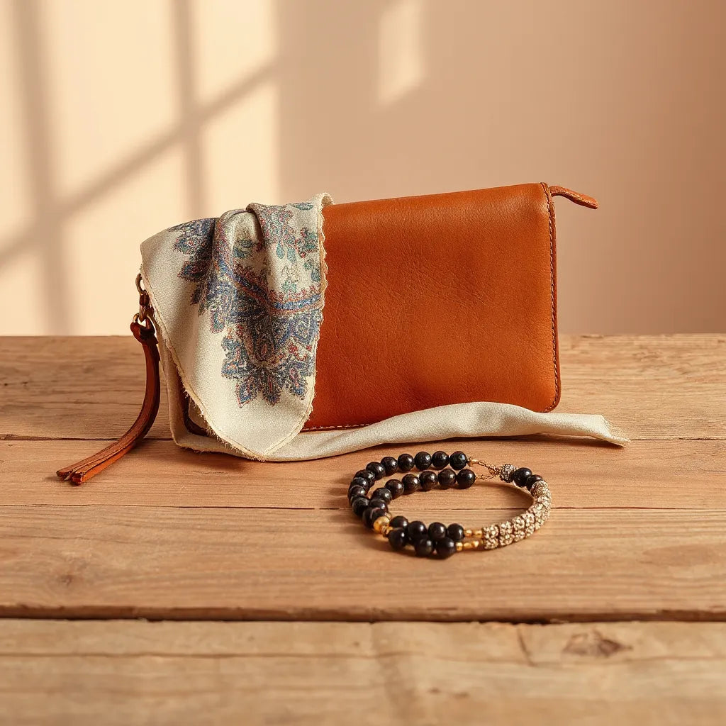Layered heritage-inspired accessories including an embroidered scarf, beaded necklace, bracelet, and leather clutch