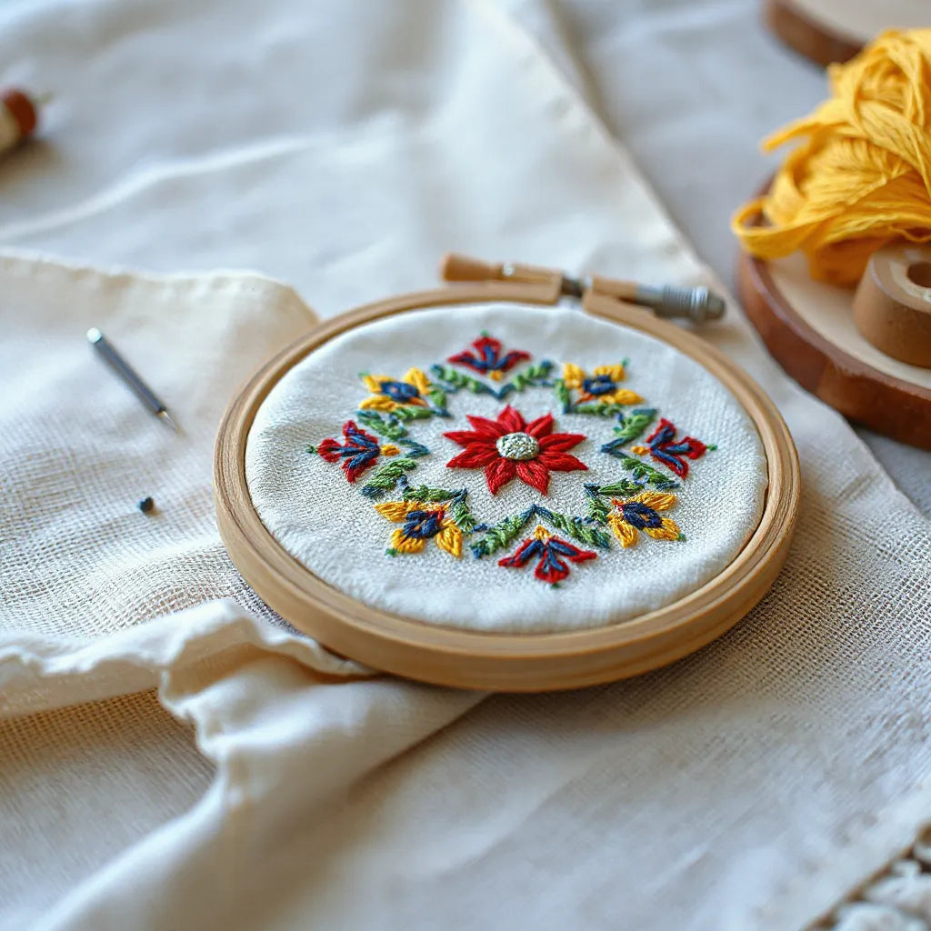 Colorful artisan embroidery motifs stitched on fabric, with a needle and embroidery hoop nearby