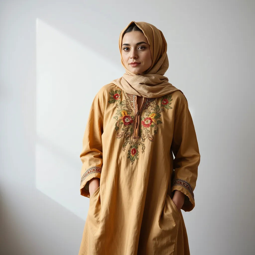 Caramel-toned embroidered garment with detailed front and neckline embroidery styled with a neutral headscarf