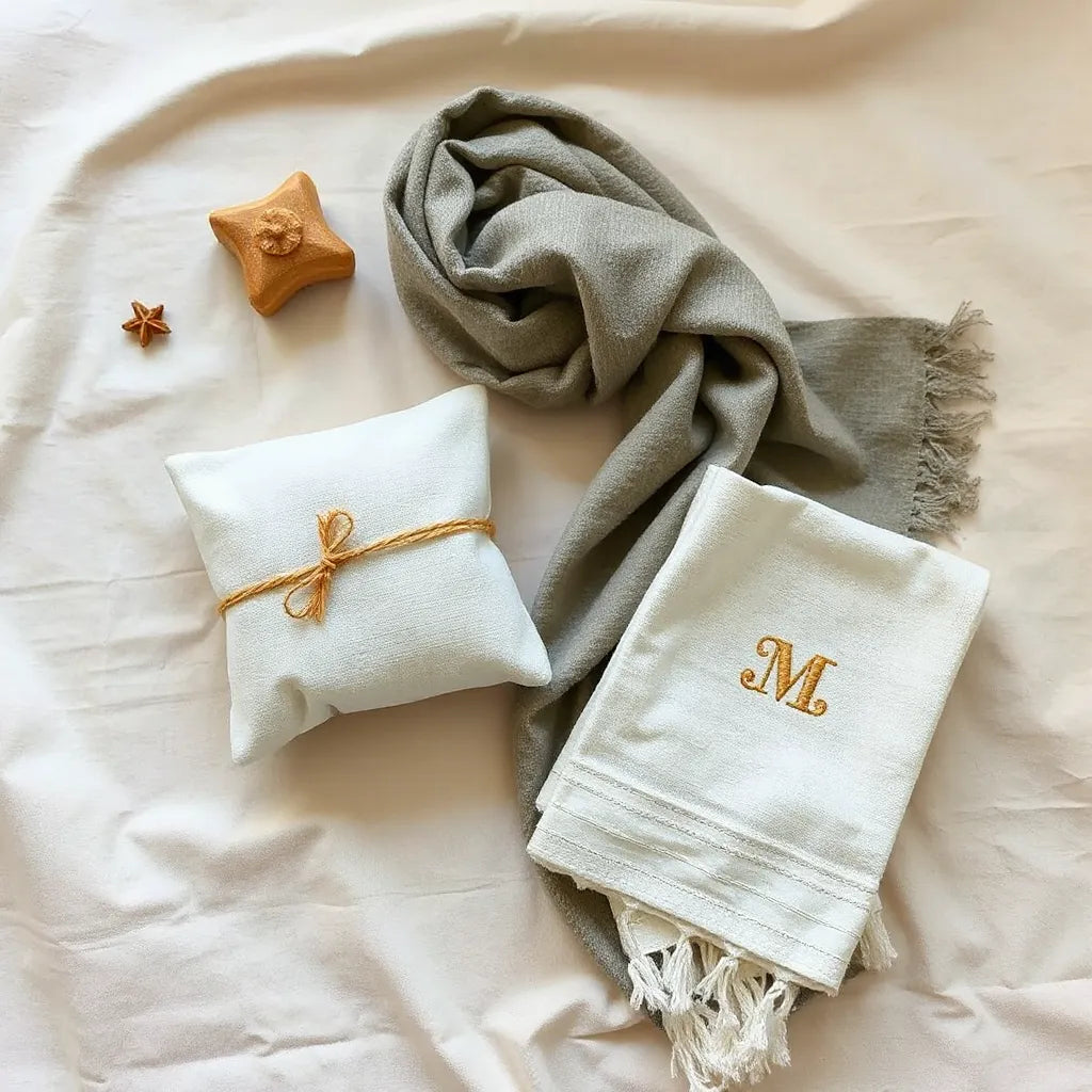 Folded embroidered shawl and small monogrammed gifts arranged on a neutral fabric backdrop