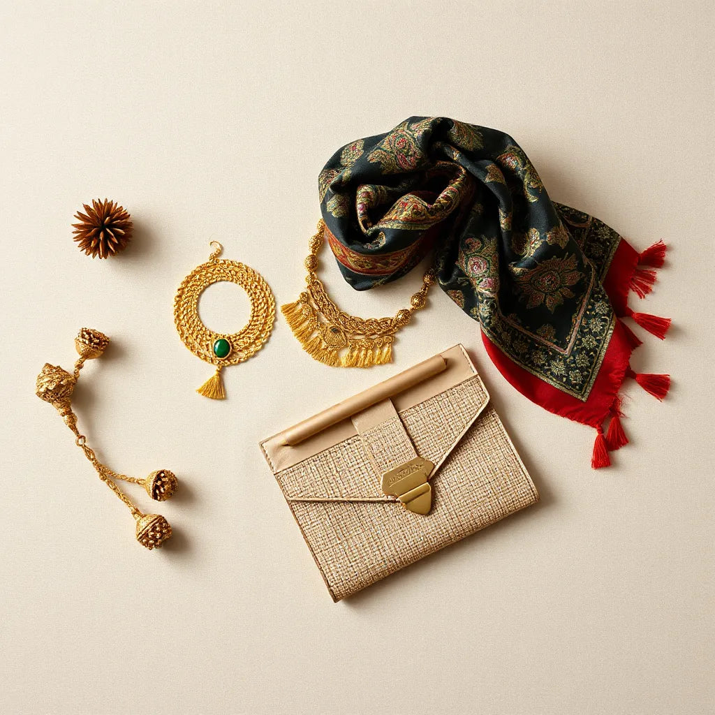 Embroidered headscarf, layered jewelry, woven belt, and clutch arranged on neutral fabric