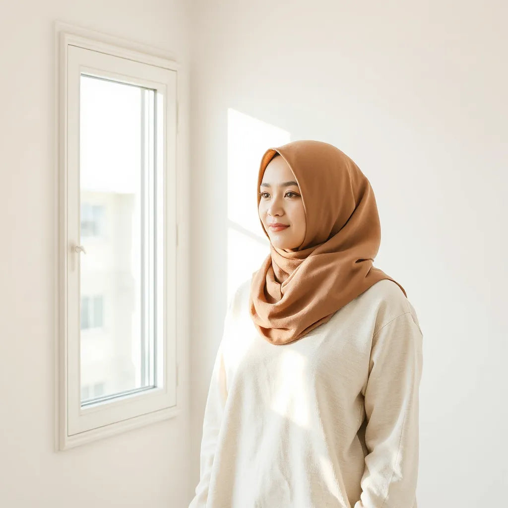 A modest woman wearing a neutral lightweight hijab with natural drape in soft daylight.