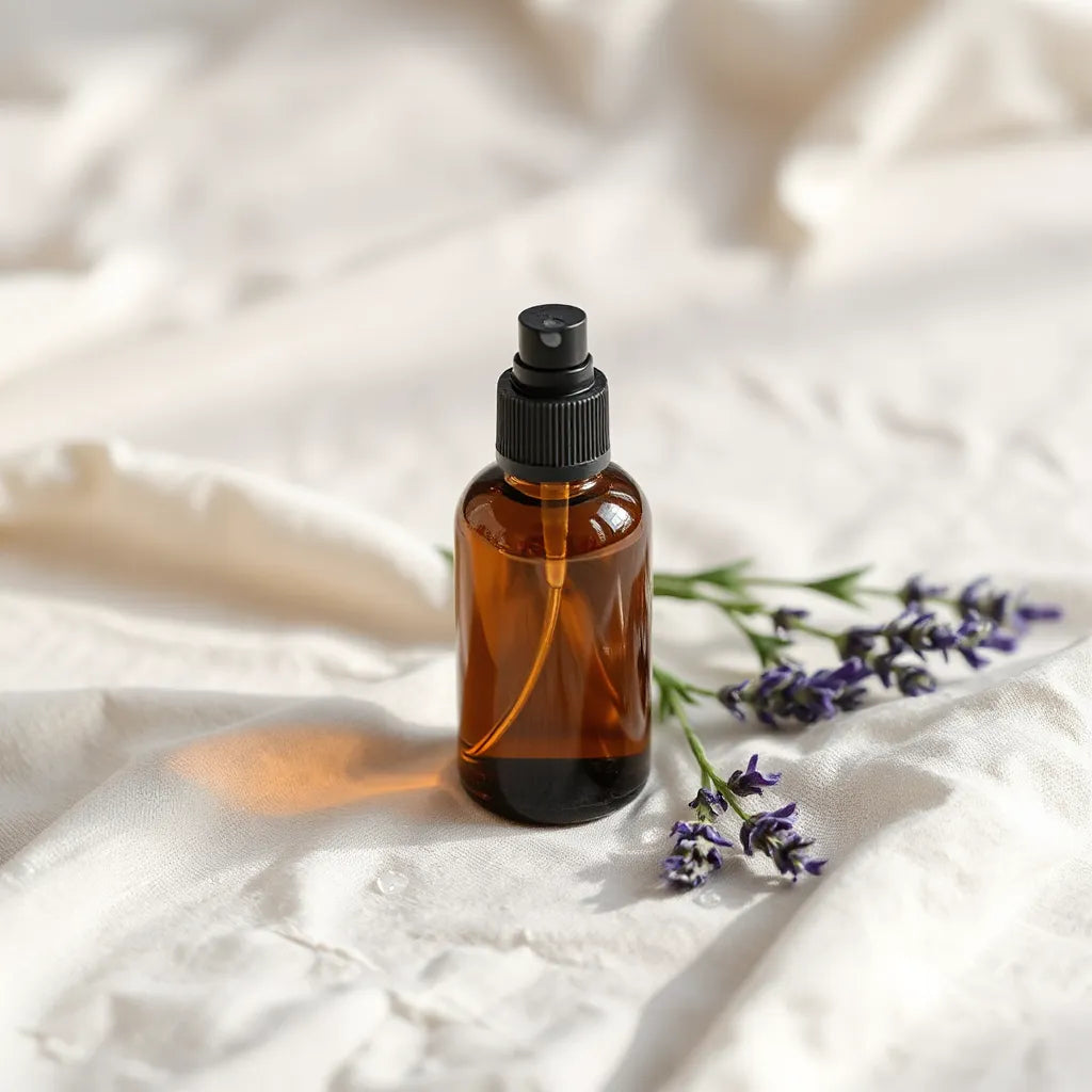 Natural perfume spray bottle with lavender sprig and soft daylight on a clean linen surface