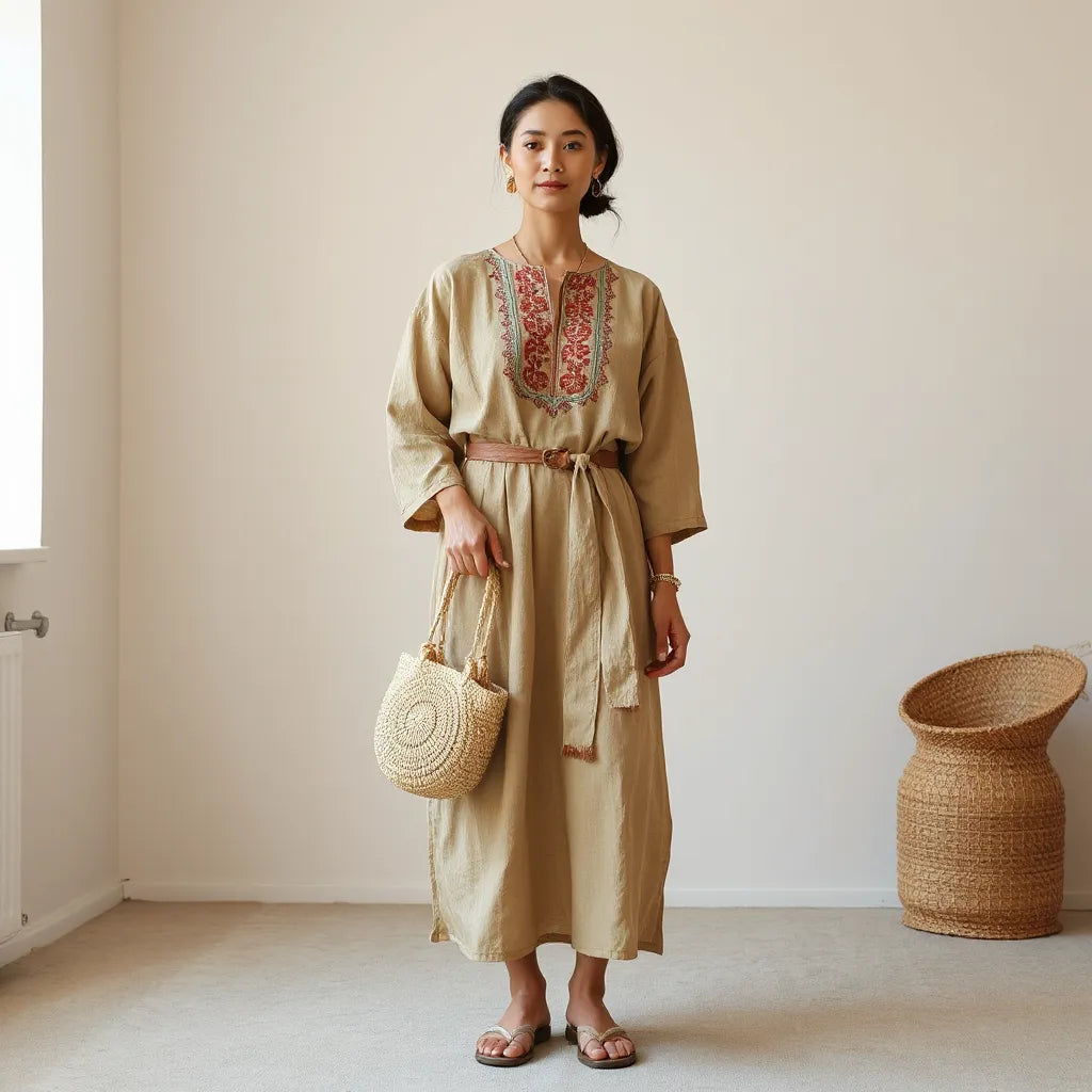 Woman wearing a traditional embroidered kaftan with detailed neckline and sleeve embroidery in warm neutral tones