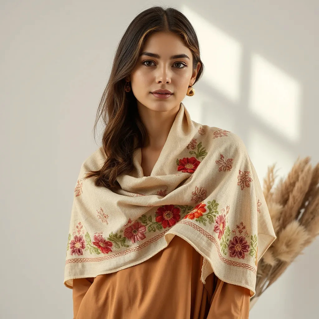 Elegant embroidered shawl draped over a model’s shoulders with detailed stitching in soft light