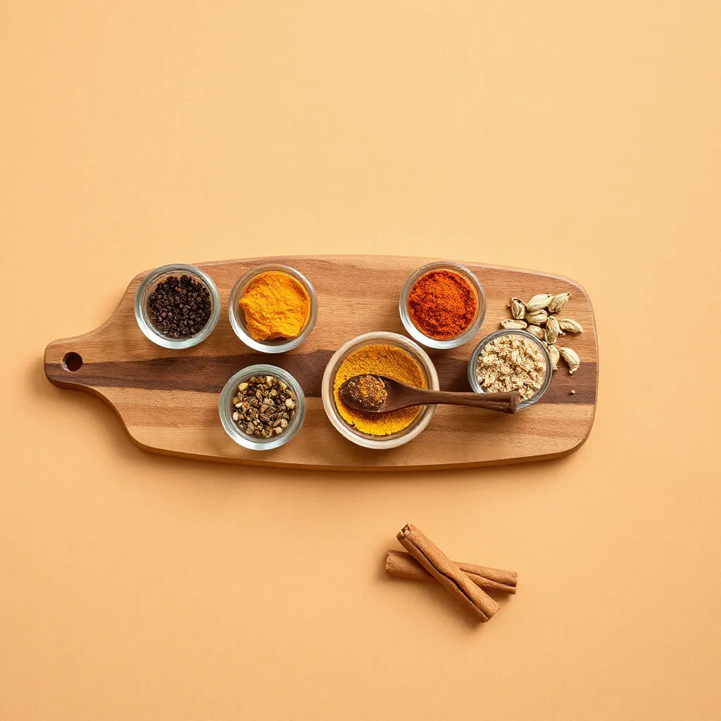 Small glass bowls of Middle Eastern spices on a wooden board with whole spices beside them