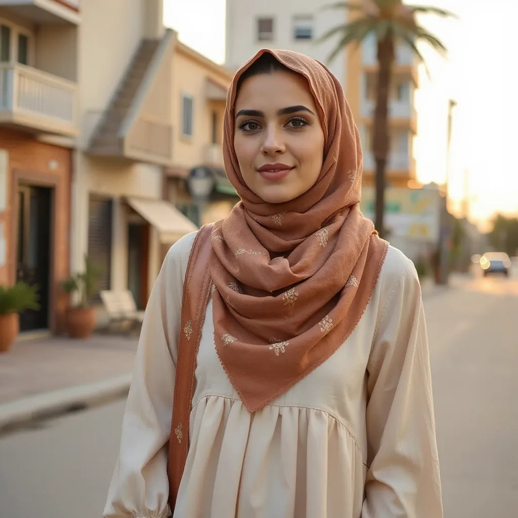 Palestinian woman in a modest, embroidered dress with a neatly draped scarf outdoors in warm light
