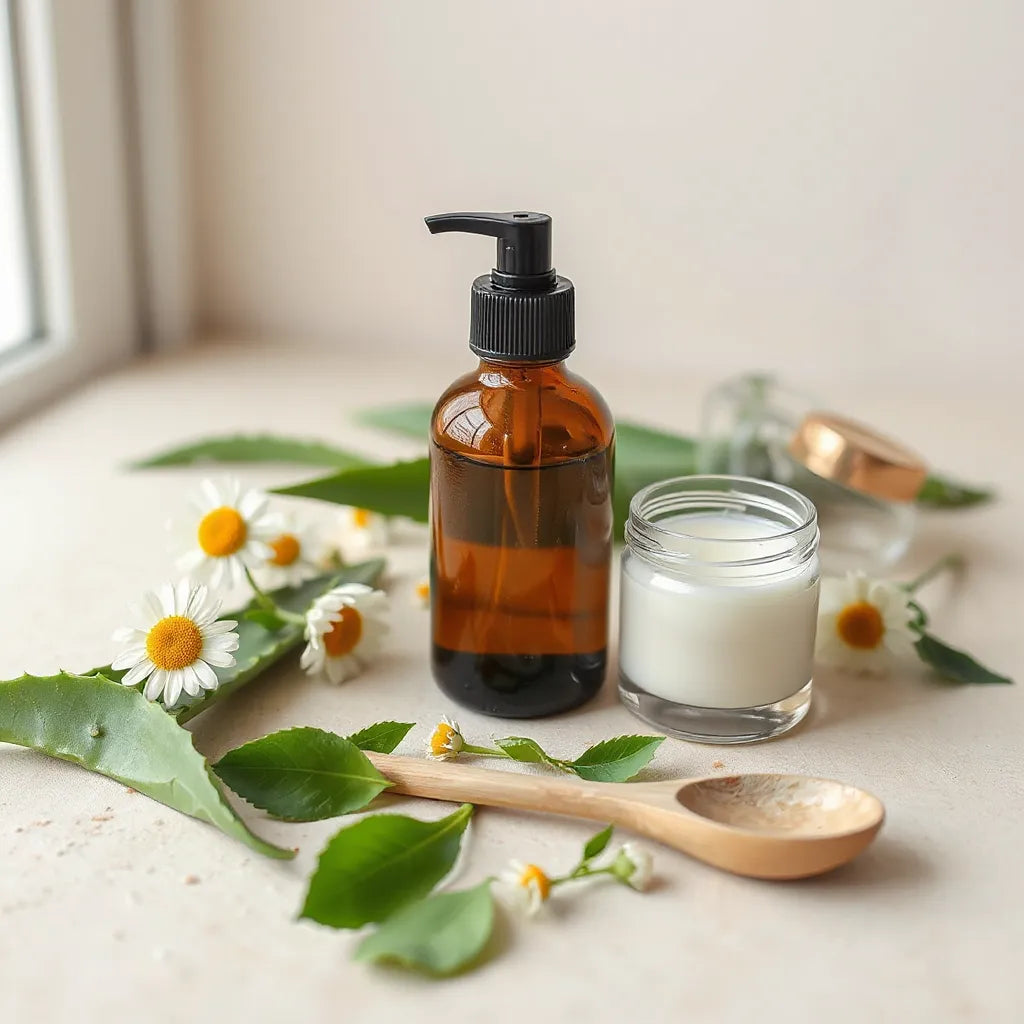 Amber skincare bottle and cream jar with aloe, chamomile, and green tea on a neutral background