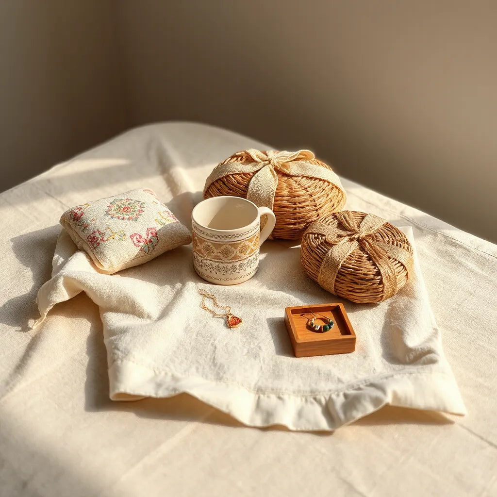 Handcrafted textiles, ceramics, and artisan jewelry arranged on a neutral fabric background