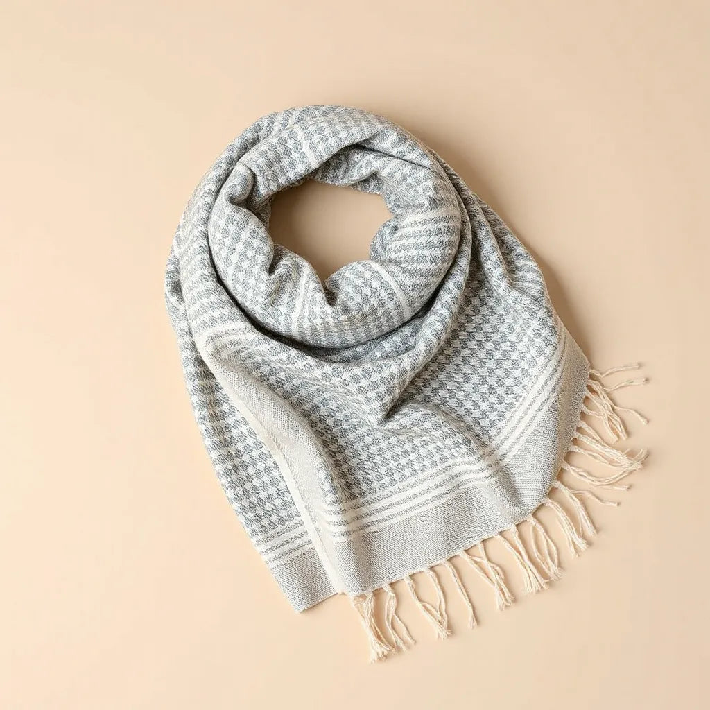 Kuffiyeh scarf with detailed woven pattern and textured fabric draped on a neutral background