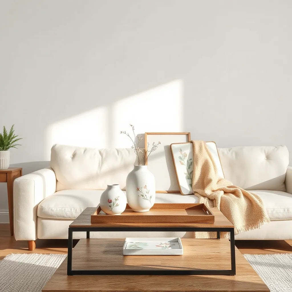 Hand-painted vases and framed wall art styled in a bright, minimalist living room