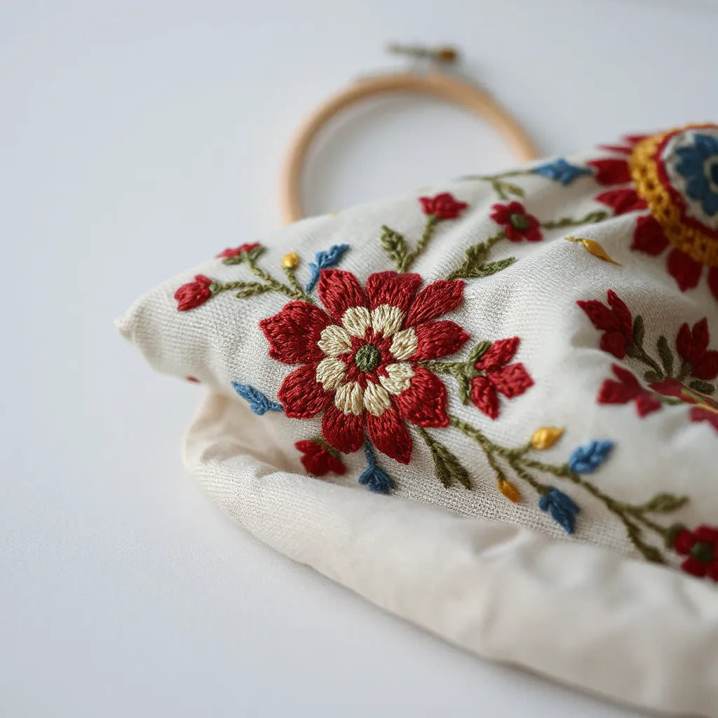 Close-up of intricate Palestinian embroidery stitches on natural fabric with floral and geometric motifs