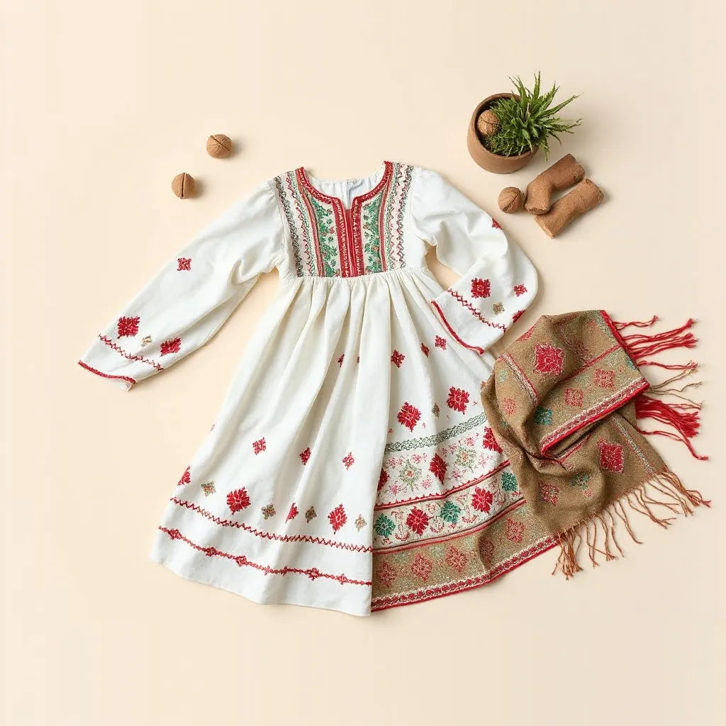 Embroidered Palestinian outfit and a folded kuffiyeh scarf laid on a neutral background